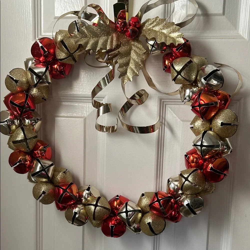 Festive Gold and Red Holiday Metal Bells 🔔 Wreath